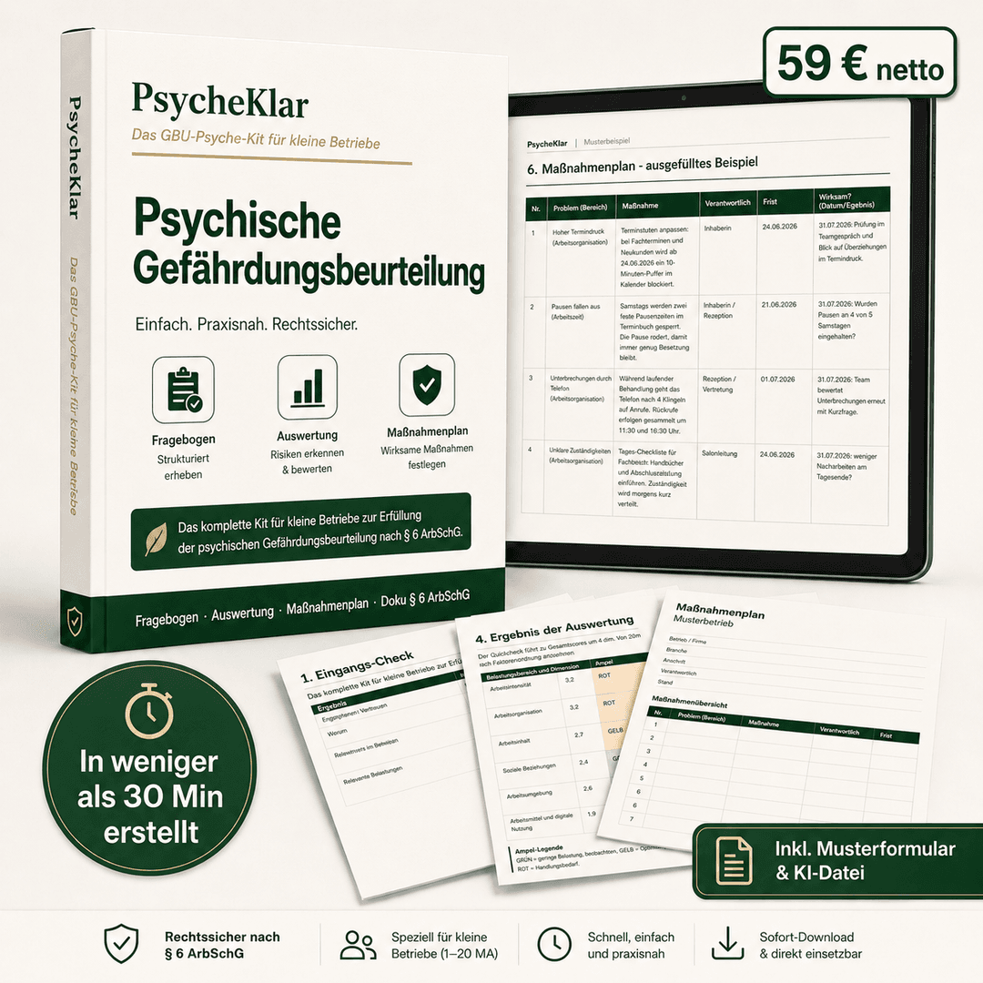 GBU-Psyche-Kit für psychische Gefährdungsbeurteilung mit Leitfaden, Fragebogen, Maßnahmenplan und Dokumentation